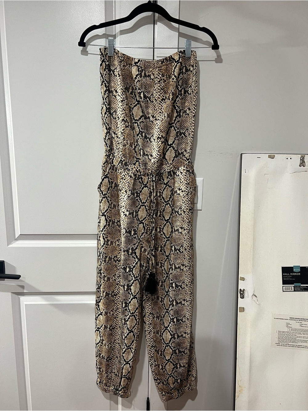 blue island Strapless Snake-Print Jumpsuit in Beige and Black